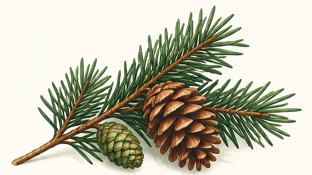 Botanical illustration of spruce branches and pinecones